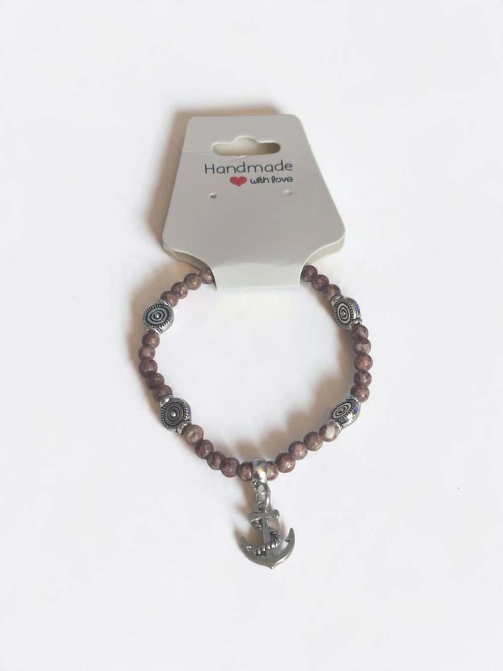 Beaded Anchor Charm Bracelet Brown Silver